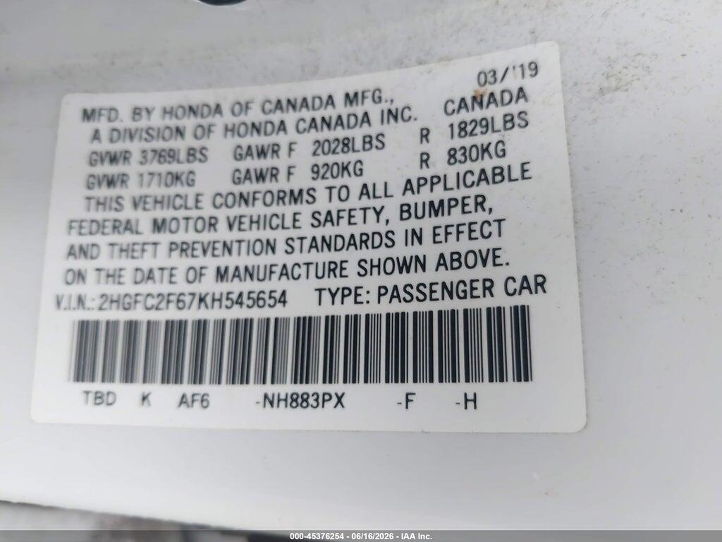 2HGFC2F67KH545654 2019 HONDA CIVIC photo no. 9