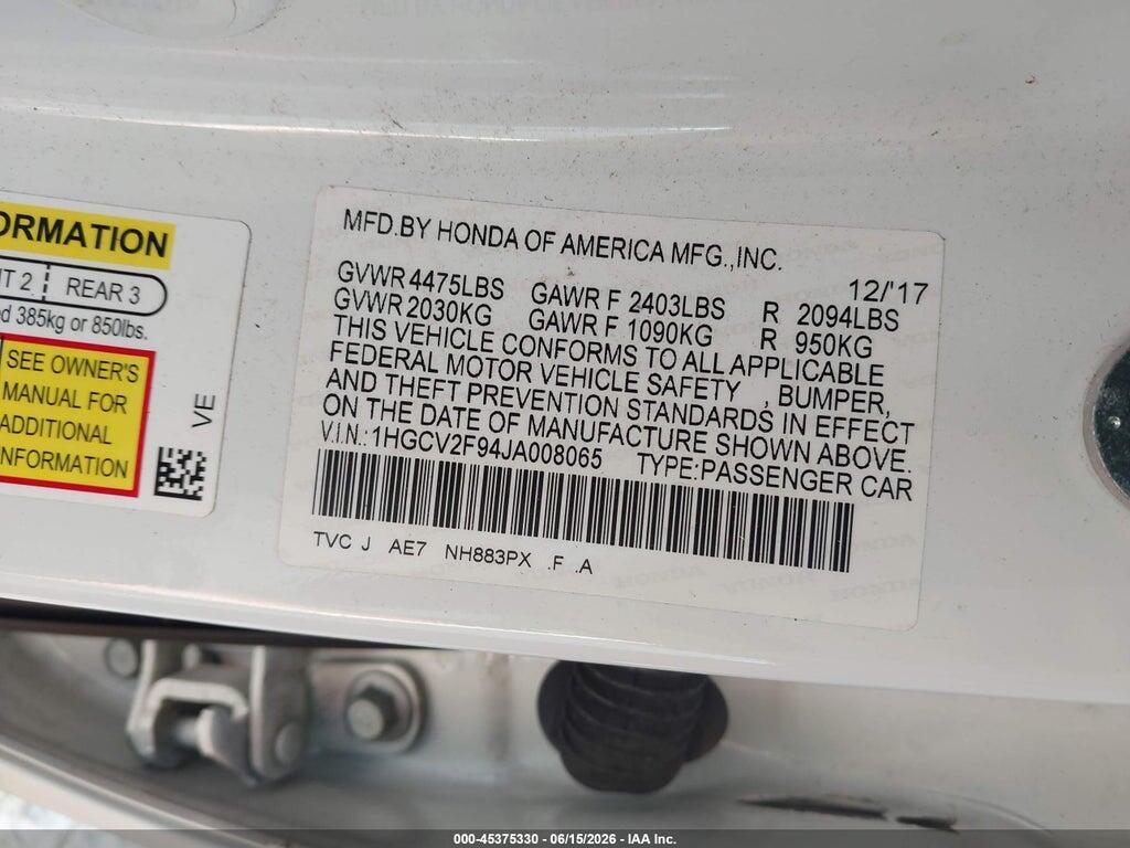 1HGCV2F94JA008065 2018 HONDA ACCORD photo no. 9