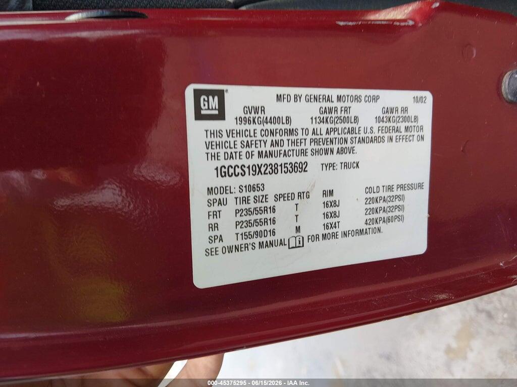 1GCCS19X238153692 2003 CHEVROLET S-10 photo no. 9
