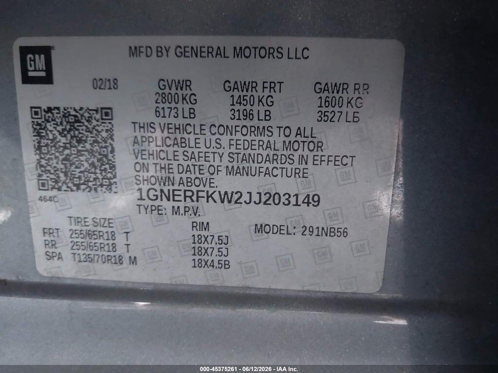 1GNERFKW2JJ203149 2018 CHEVROLET TRAVERSE photo no. 9