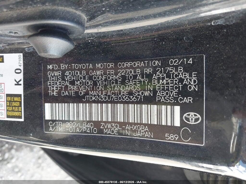 JTDKN3DU7E0363671 2014 TOYOTA PRIUS photo no. 9