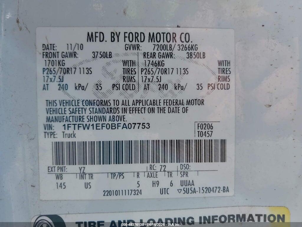 1FTFW1EF0BFA07753 2011 FORD F-150 photo no. 9