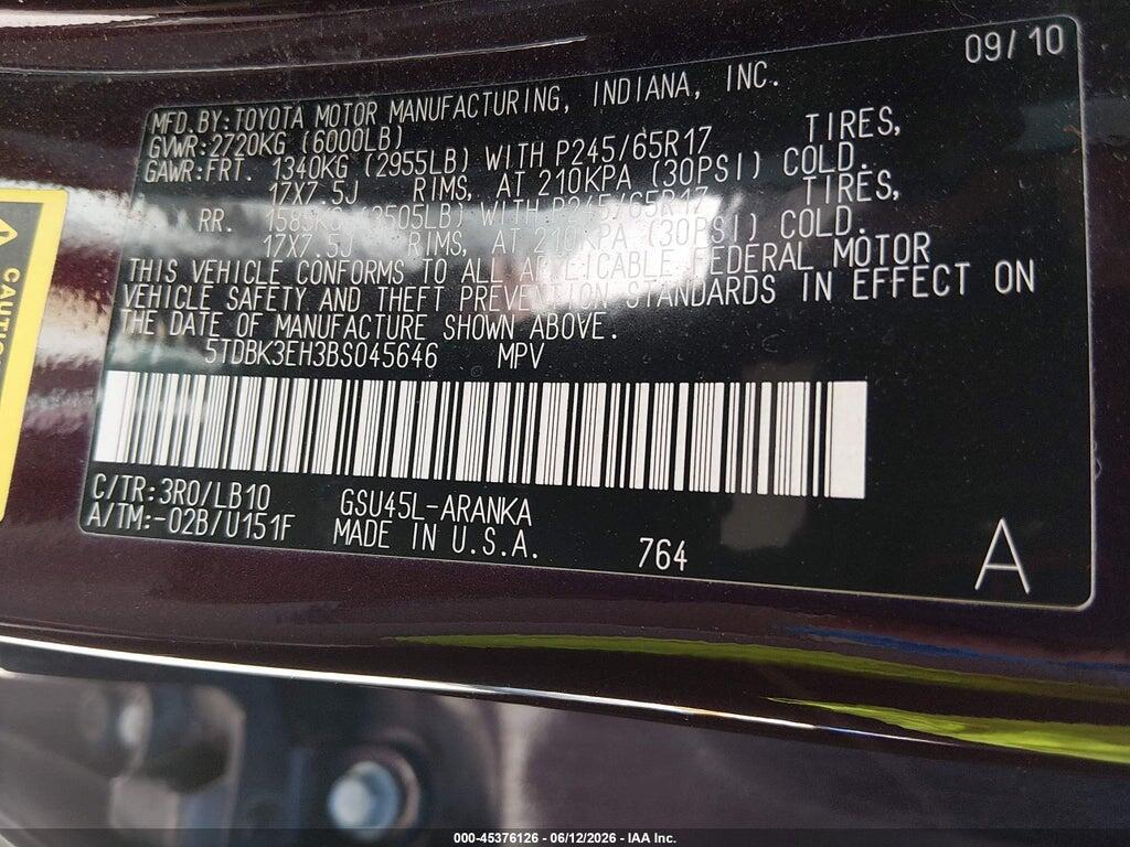 5TDBK3EH3BS045646 2011 TOYOTA HIGHLANDER photo no. 9