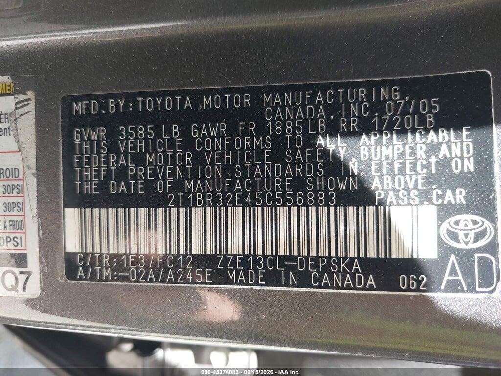 2T1BR32E45C556883 2005 TOYOTA COROLLA photo no. 9