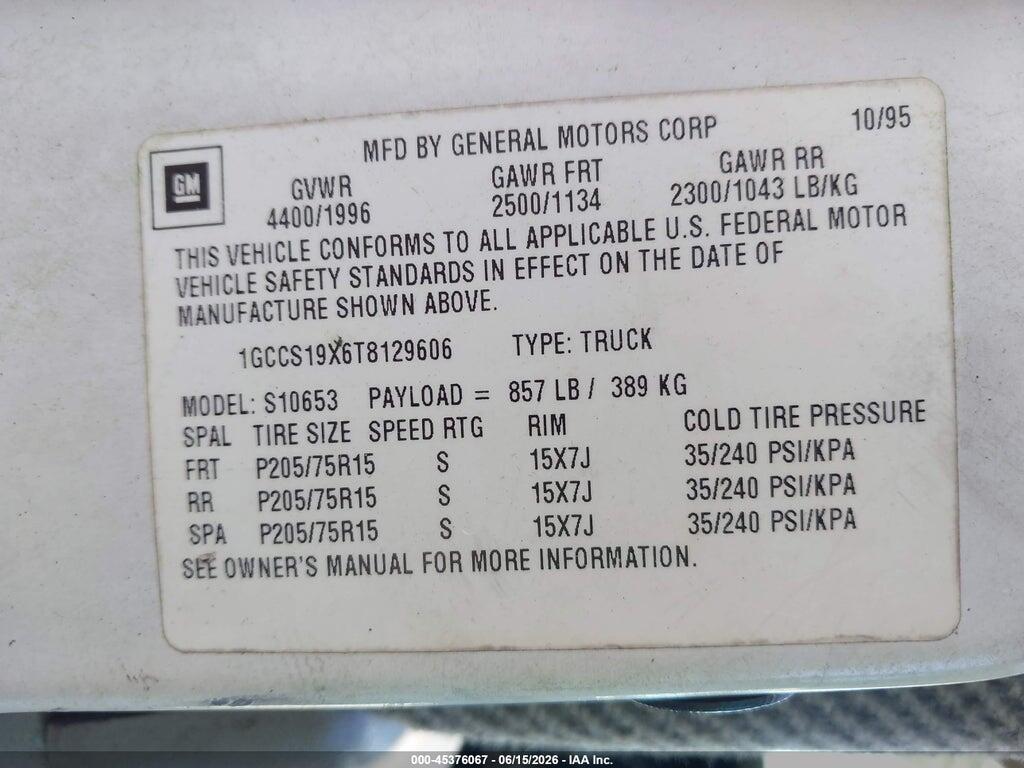 1GCCS19X6T8129606 1996 CHEVROLET S TRUCK photo no. 9