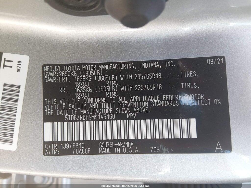 5TDBZRBH9MS145160 2021 TOYOTA HIGHLANDER photo no. 9