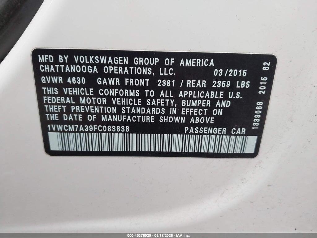 1VWCM7A39FC083838 2015 VOLKSWAGEN PASSAT photo no. 9