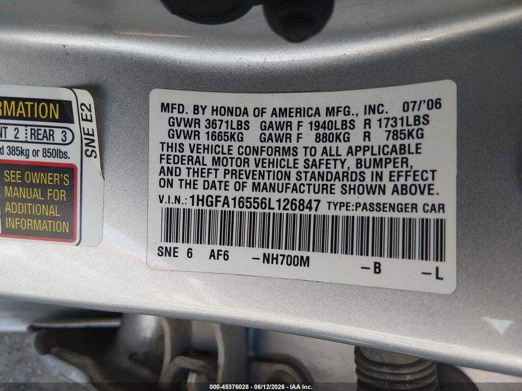 1HGFA16556L126847 2006 HONDA CIVIC photo no. 9