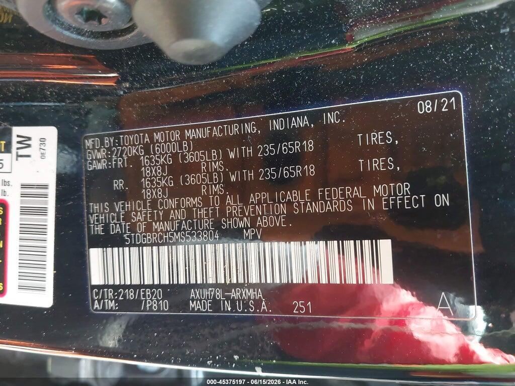 5TDGBRCH5MS533804 2021 TOYOTA HIGHLANDER photo no. 9