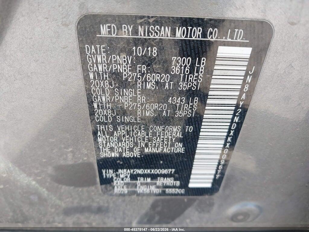 JN8AY2NDXKX009677 2019 NISSAN ARMADA photo no. 9