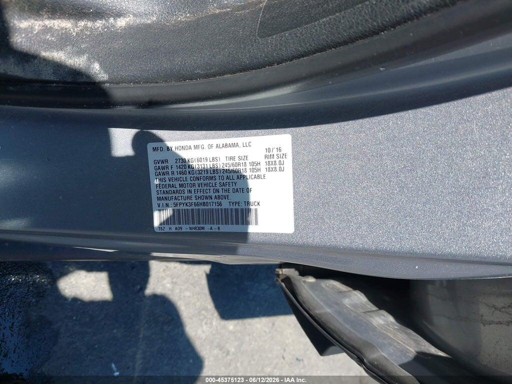 5FPYK3F66HB017156 2017 HONDA RIDGELINE photo no. 9