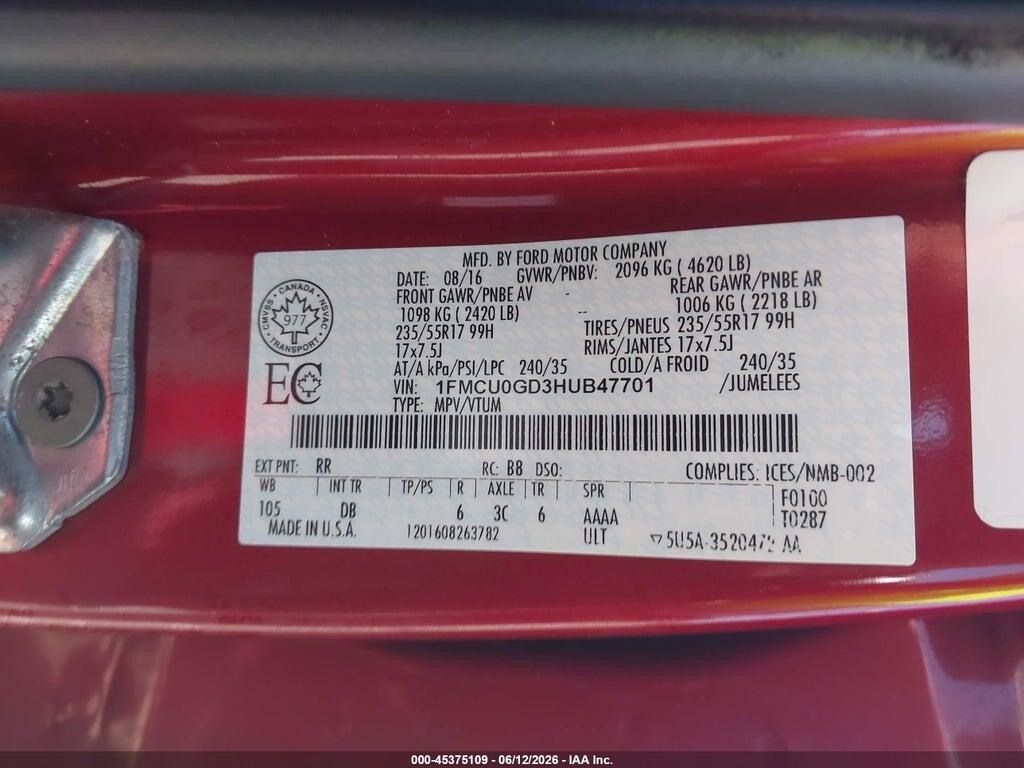 1FMCU0GD3HUB47701 2017 FORD ESCAPE photo no. 9
