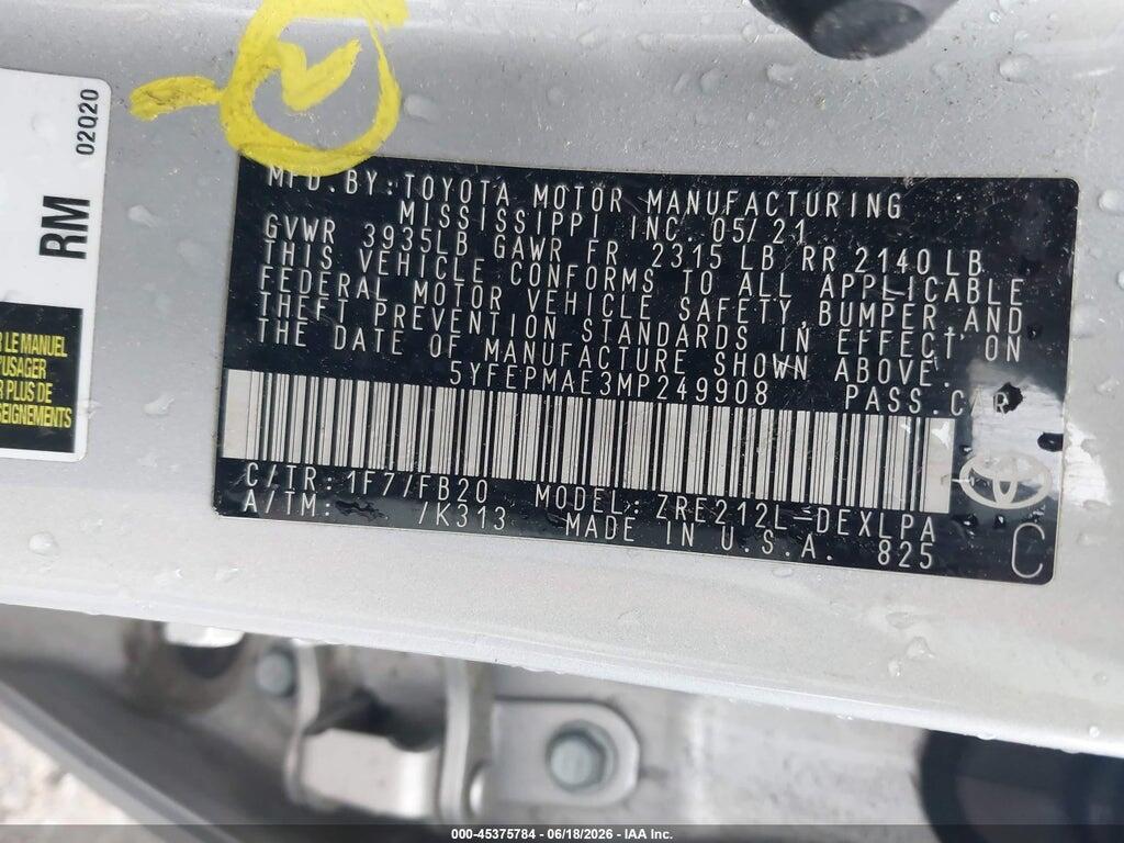 5YFEPMAE3MP249908 2021 TOYOTA COROLLA photo no. 9