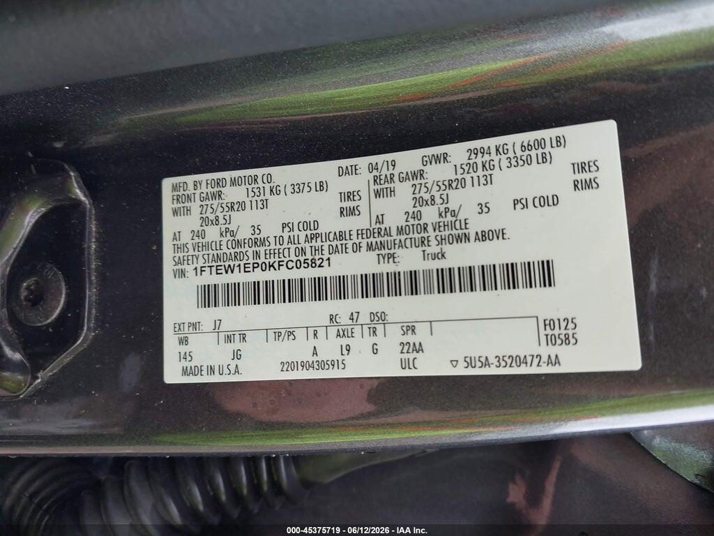 1FTEW1EP0KFC05821 2019 FORD F-150 photo no. 9