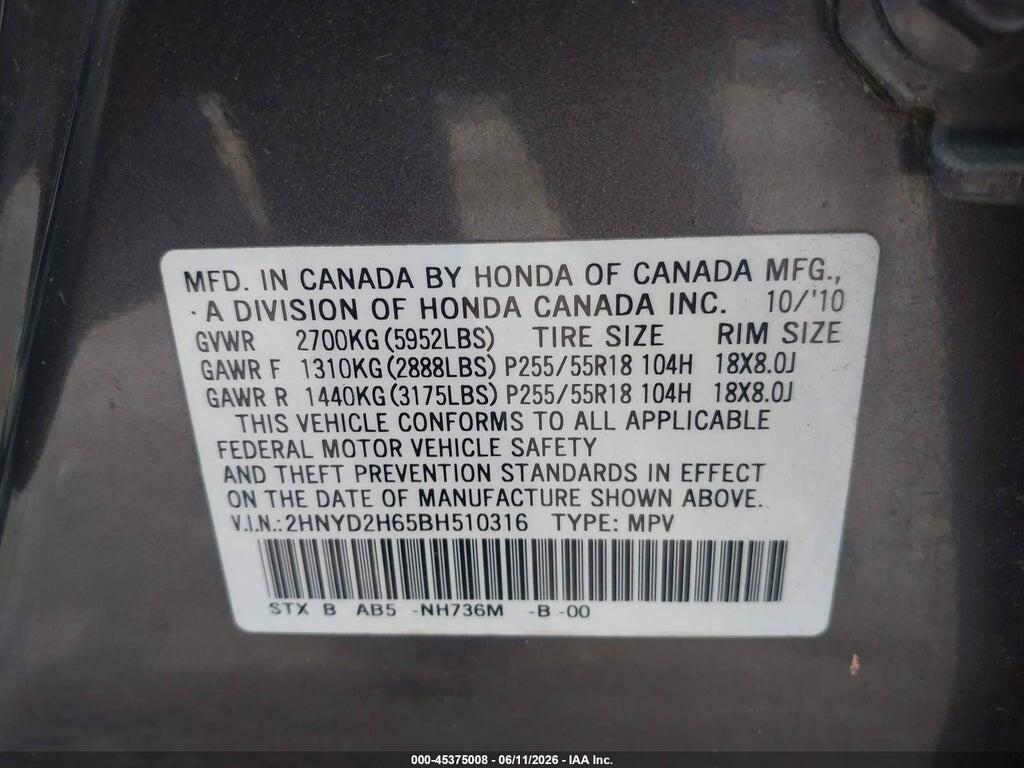 2HNYD2H65BH510316 2011 ACURA MDX photo no. 9