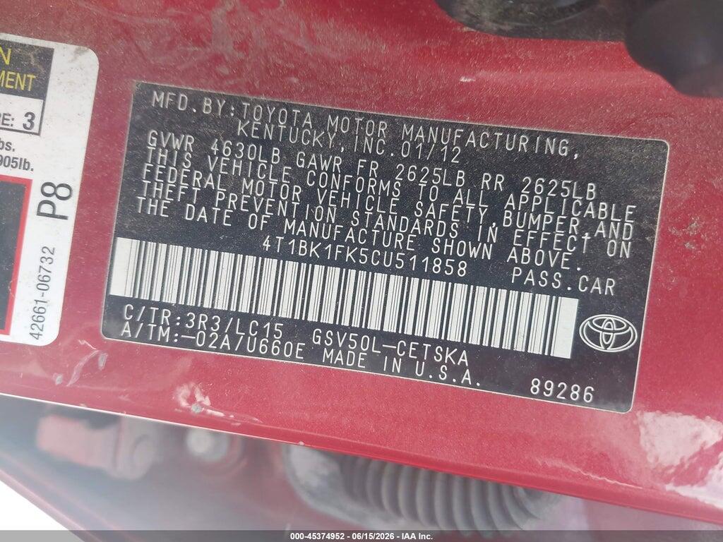 4T1BK1FK5CU511858 2012 TOYOTA CAMRY photo no. 9