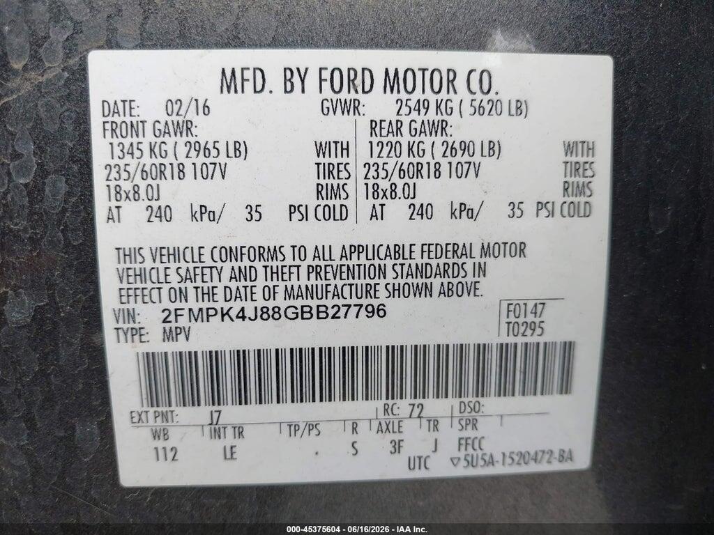 2FMPK4J88GBB27796 2016 FORD EDGE photo no. 9