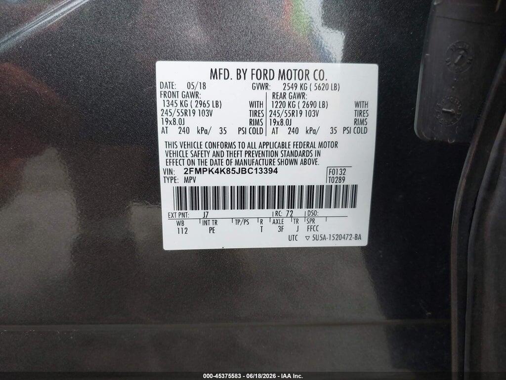 2FMPK4K85JBC13394 2018 FORD EDGE photo no. 9