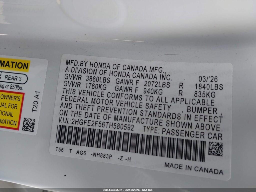 2HGFE2F56TH580592 2026 HONDA CIVIC photo no. 9