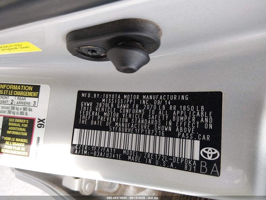 5YFBURHE1FP187216 2015 TOYOTA COROLLA photo no. 9
