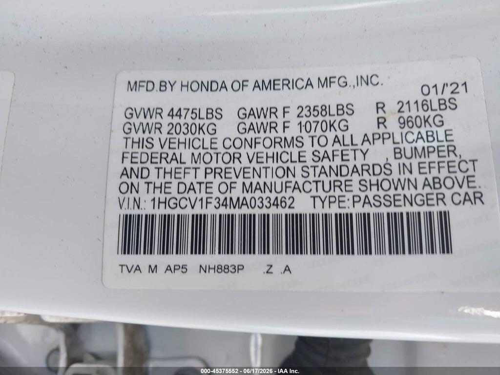1HGCV1F34MA033462 2021 HONDA ACCORD photo no. 9