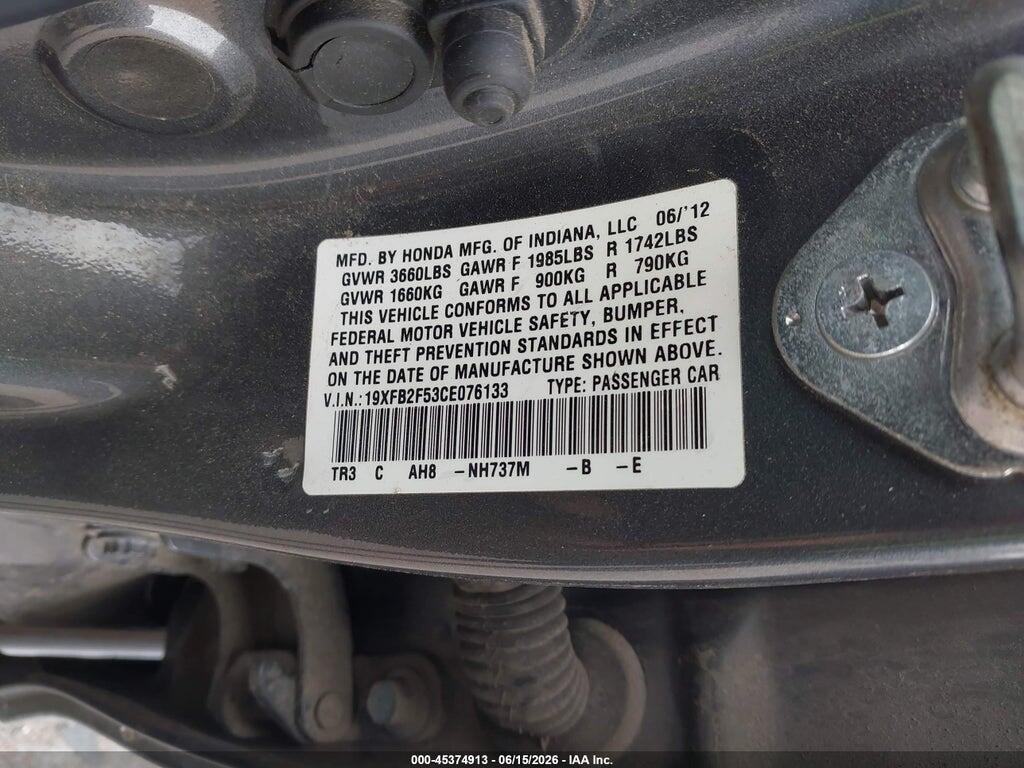 19XFB2F53CE076133 2012 HONDA CIVIC photo no. 9