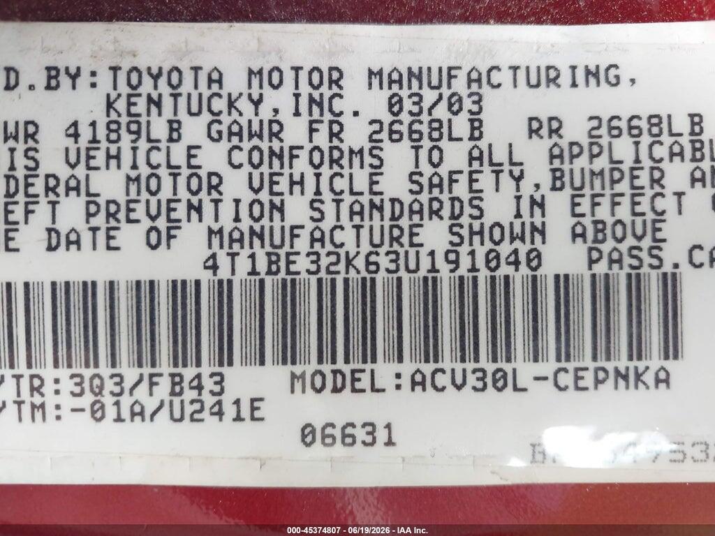 4T1BE32K63U191040 2003 TOYOTA CAMRY photo no. 9