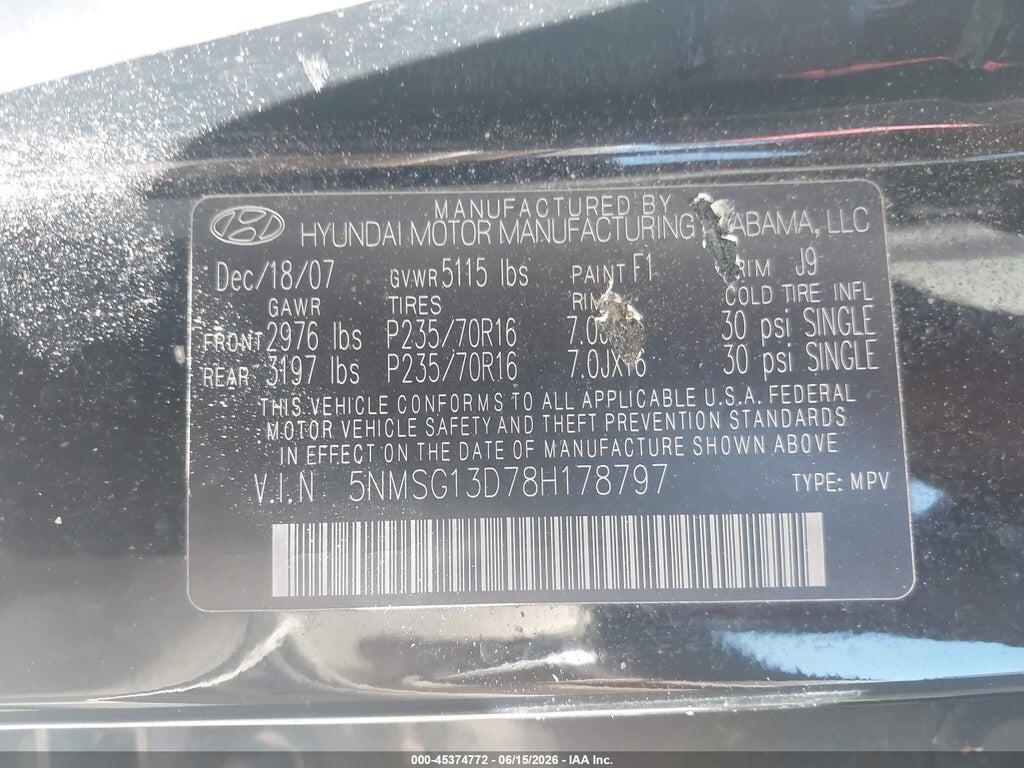 5NMSG13D78H178797 2008 HYUNDAI SANTA FE photo no. 9
