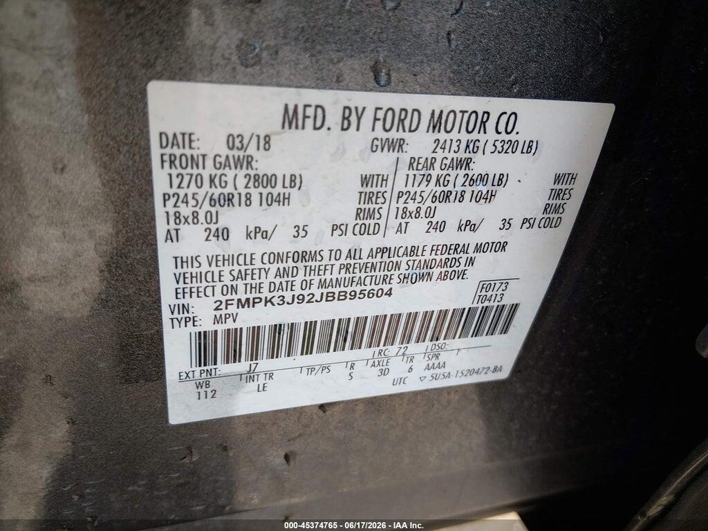 2FMPK3J92JBB95604 2018 FORD EDGE photo no. 9