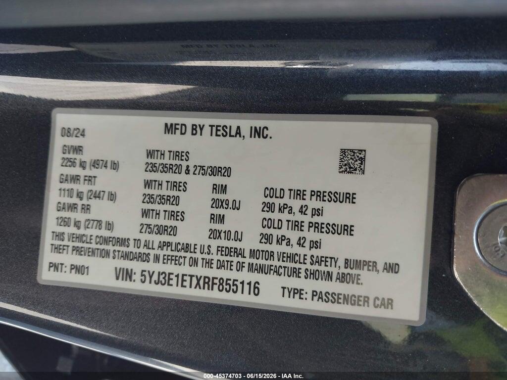5YJ3E1ETXRF855116 2024 TESLA MODEL 3 photo no. 9