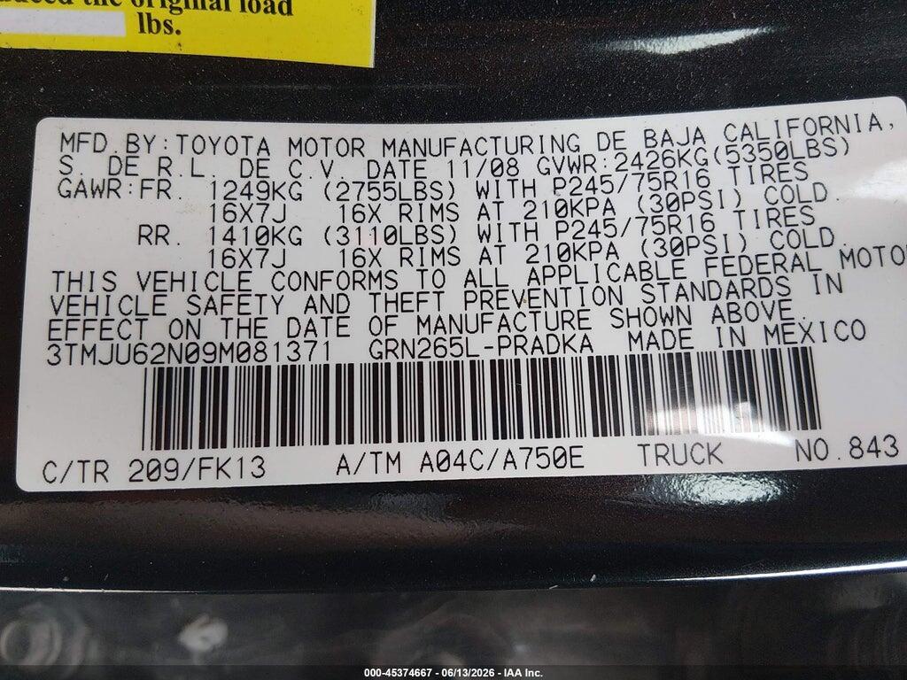 3TMJU62N09M081371 2009 TOYOTA TACOMA photo no. 9