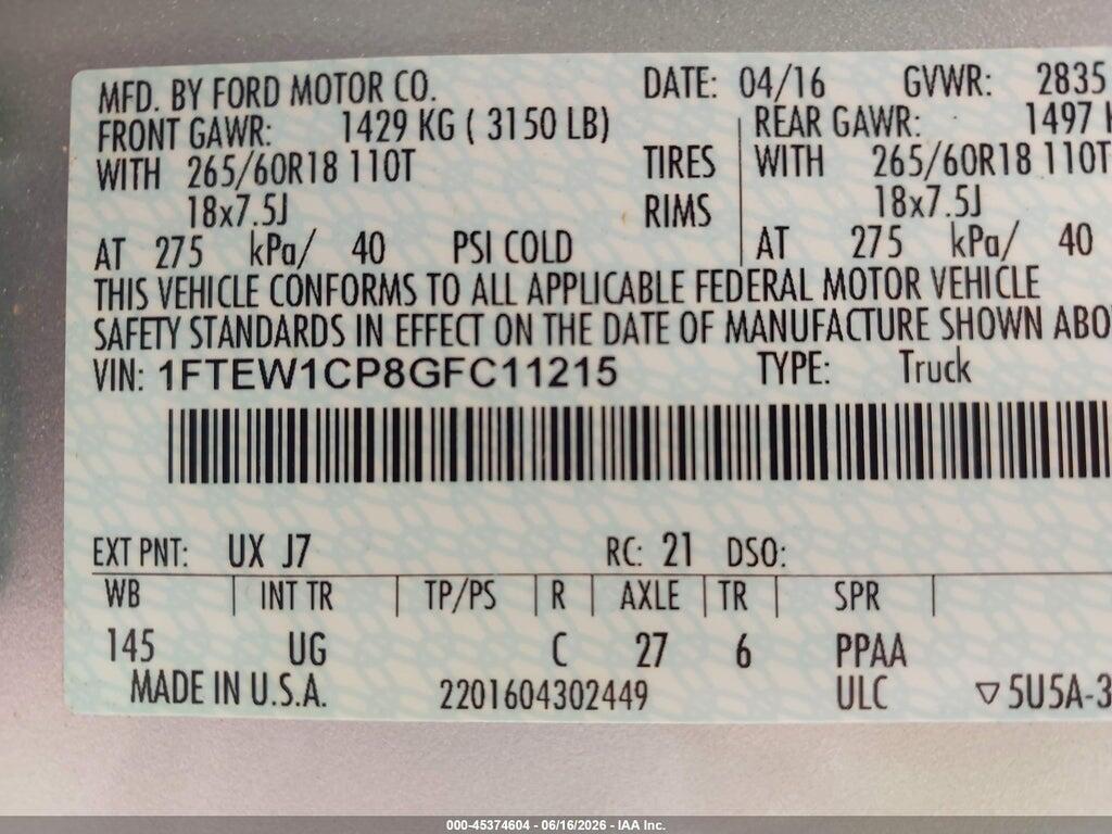 1FTEW1CP8GFC11215 2016 FORD F-150 photo no. 9