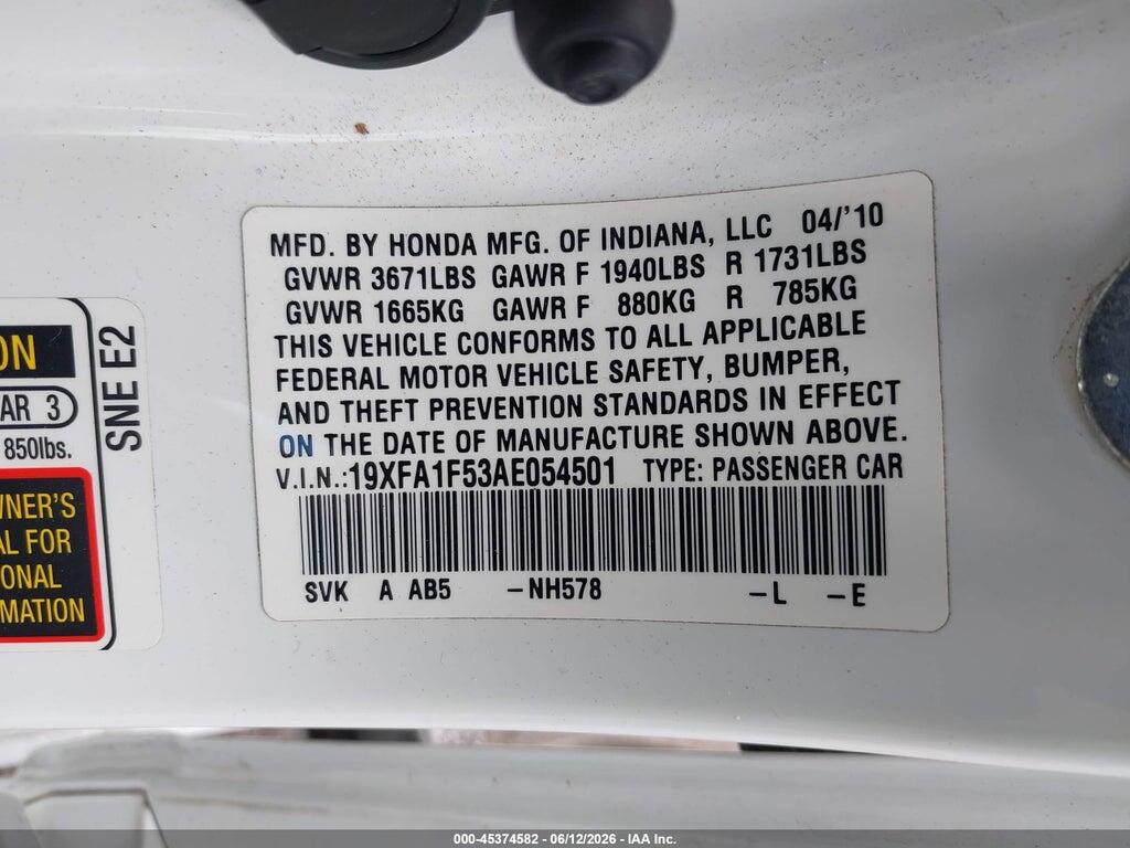 19XFA1F53AE054501 2010 HONDA CIVIC photo no. 9