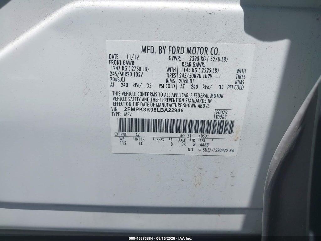 2FMPK3K98LBA22946 2020 FORD EDGE photo no. 9