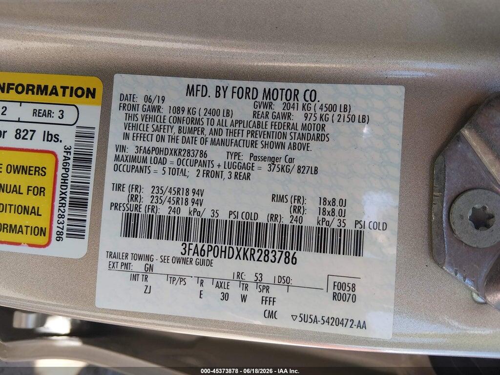 3FA6P0HDXKR283786 2019 FORD FUSION photo no. 9