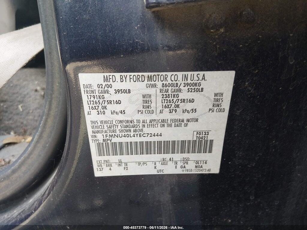 1FMNU40L4YEC72444 2000 FORD EXCURSION photo no. 9
