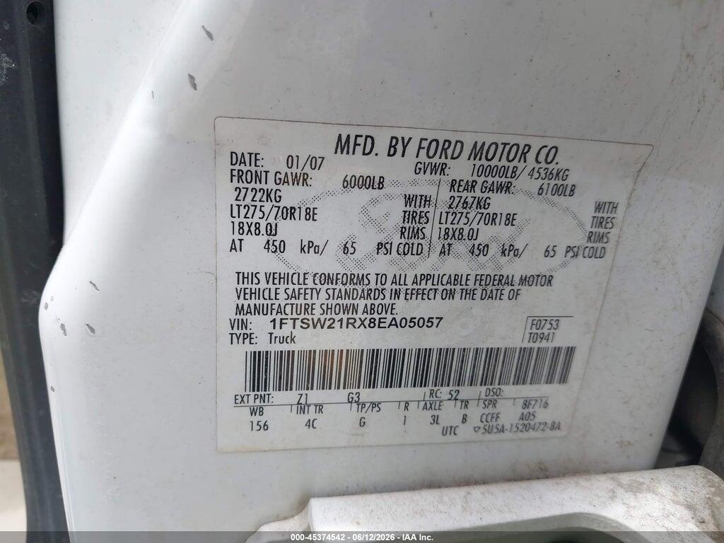 1FTSW21RX8EA05057 2008 FORD F-250 photo no. 9