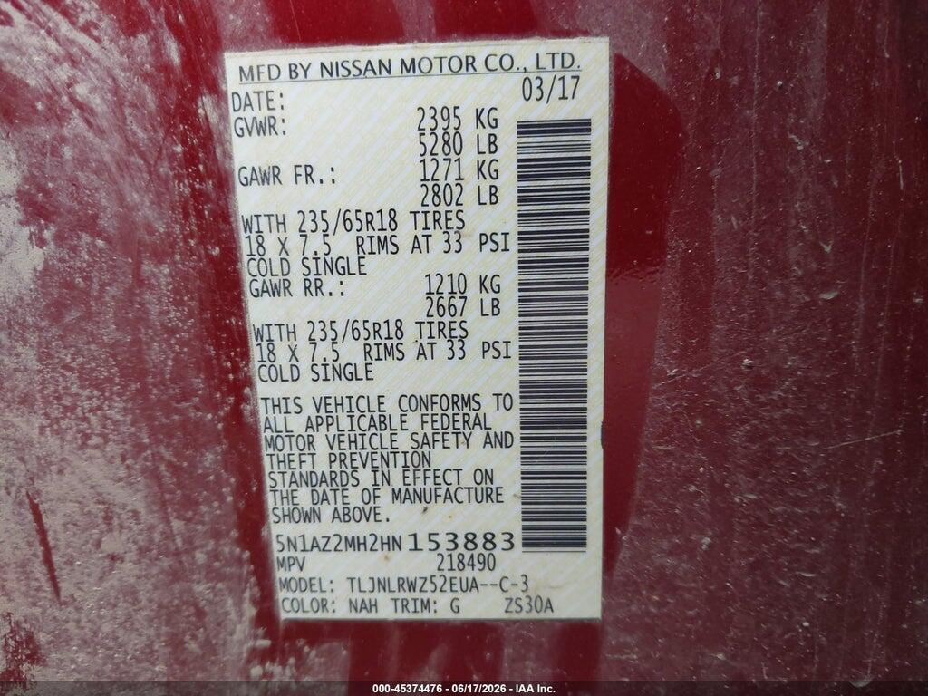 5N1AZ2MH2HN153883 2017 NISSAN MURANO photo no. 9