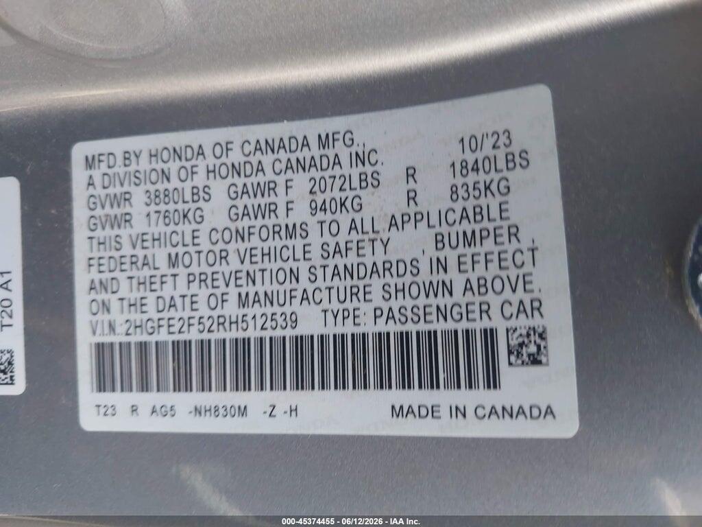 2HGFE2F52RH512539 2024 HONDA CIVIC photo no. 9