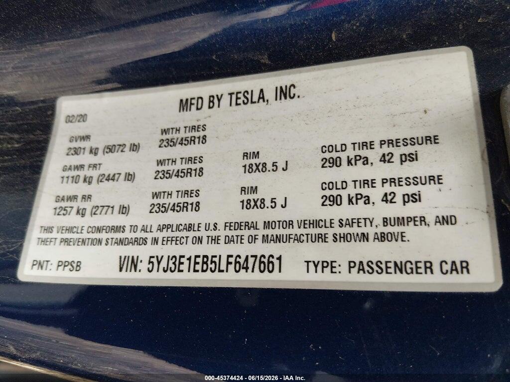 5YJ3E1EB5LF647661 2020 TESLA MODEL 3 photo no. 9
