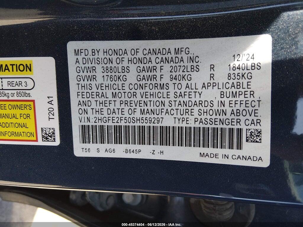 2HGFE2F50SH559297 2025 HONDA CIVIC photo no. 9