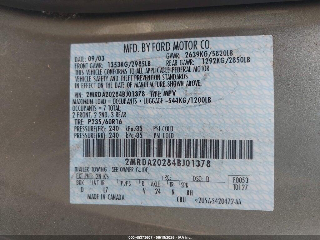 2MRDA20284BJ01378 2004 MERCURY MONTEREY photo no. 9
