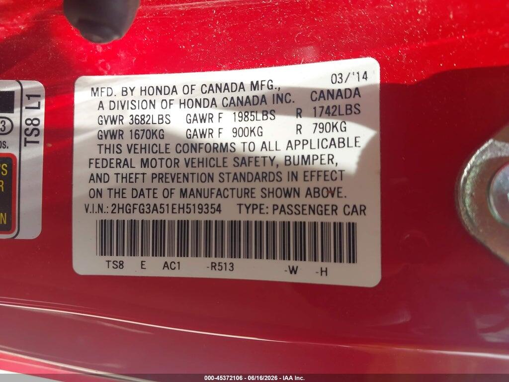 2HGFG3A51EH519354 2014 HONDA CIVIC photo no. 9