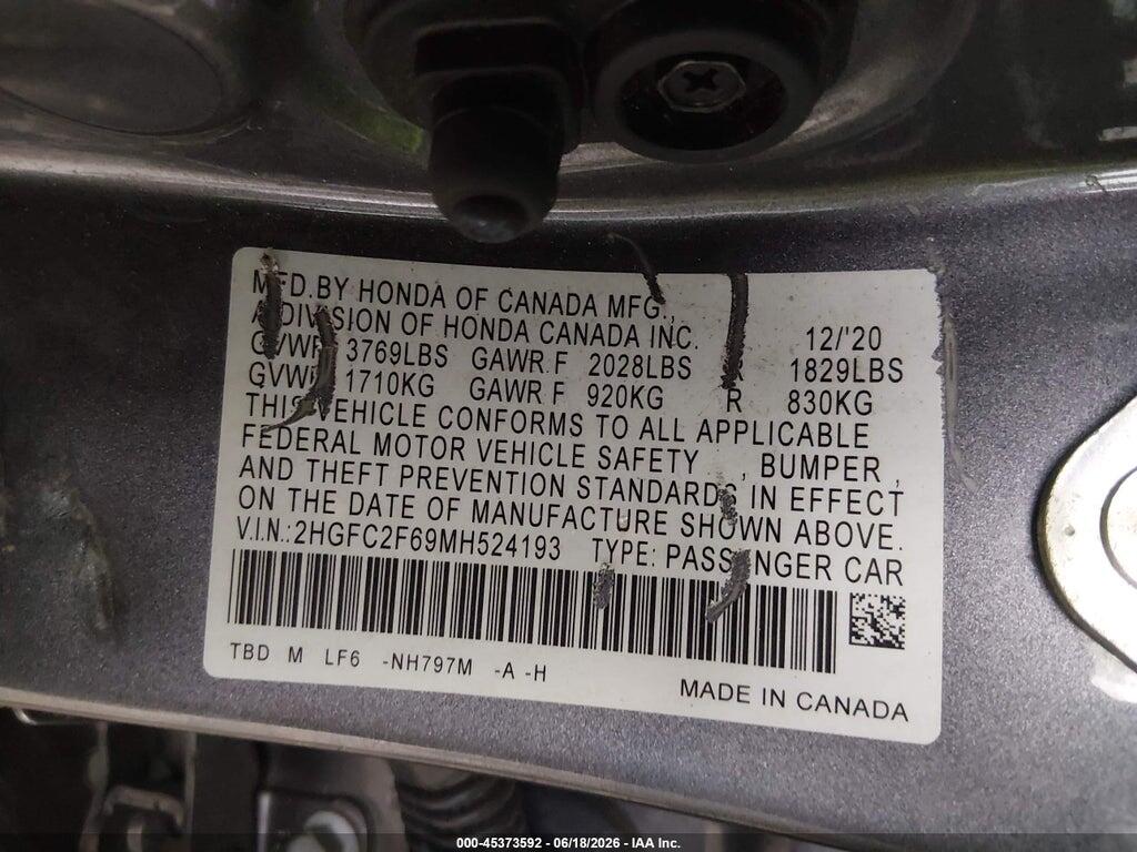2HGFC2F69MH524193 2021 HONDA CIVIC photo no. 9