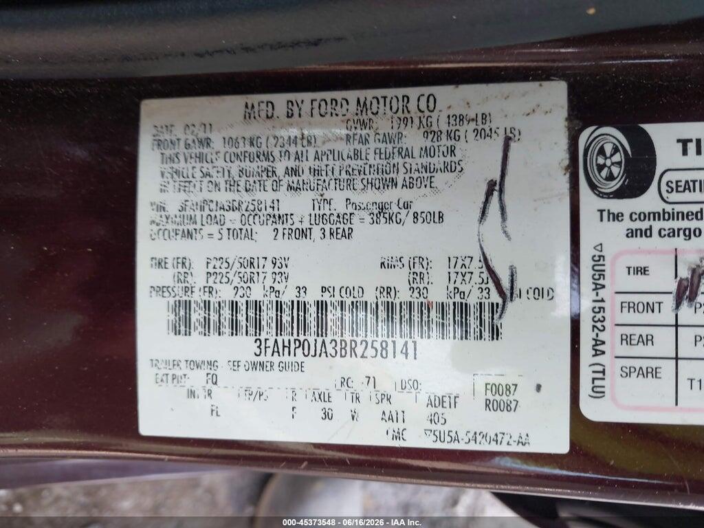 3FAHP0JA3BR258141 2011 FORD FUSION photo no. 9