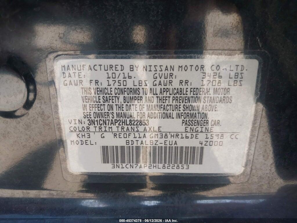 3N1CN7AP2HL822853 2017 NISSAN VERSA photo no. 9