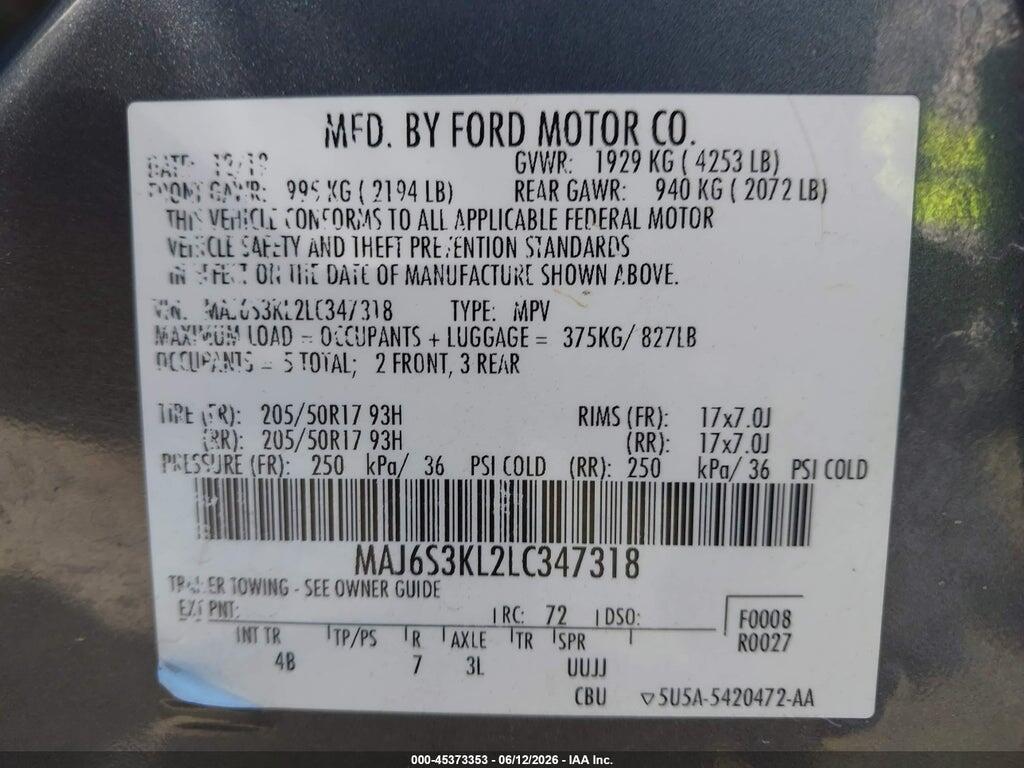 MAJ6S3KL2LC347318 2020 FORD ECOSPORT photo no. 9