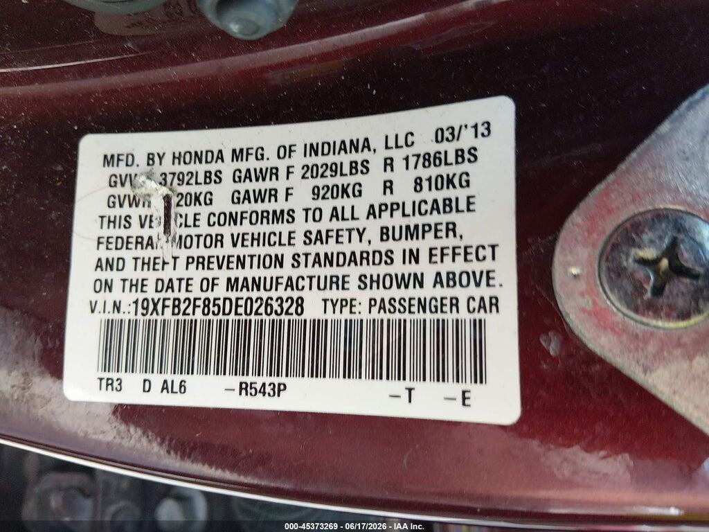 19XFB2F85DE026328 2013 HONDA CIVIC photo no. 9