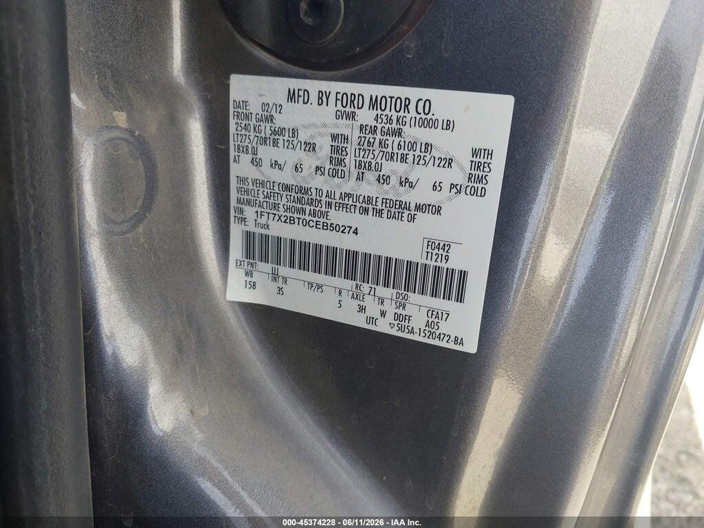 1FT7X2BT0CEB50274 2012 FORD SUPER DUTY F-250 SRW photo no. 9
