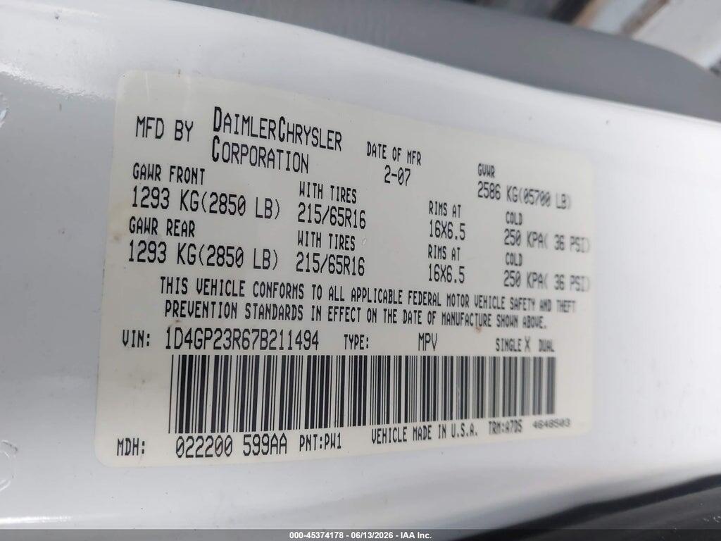 1D4GP23R67B211494 2007 DODGE GRAND CARAVAN photo no. 9